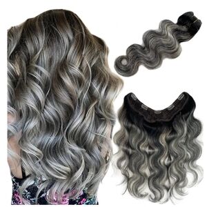 NWT Remy Human Hair one piece clip in extensions 20" black gray ombre